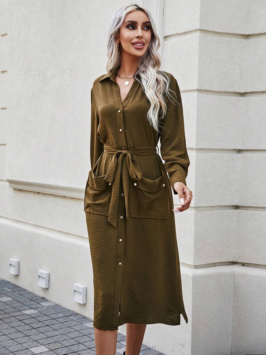 SHEIN LUNE Solid Button Front Belted Shirt Dress - Army Green - View 1