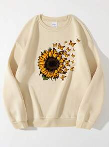 INAWLY Butterfly and Floral Print Pullover - Apricot - View 1