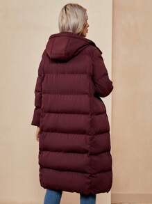 SHEIN LUNE Slant Pocket Hooded Padded Coat - Burgundy - View 2