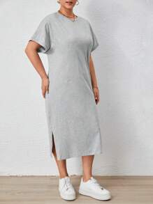 SHEIN Essnce Plus Solid Batwing Sleeve Tee Dress - Light Grey - View 5