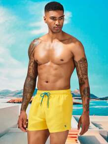 Horizaway Men Animal Print Drawstring Waist Swim Trunks - Yellow - View 2