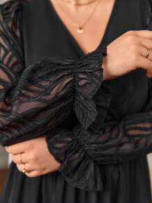 SHEIN Frenchy Plus Contrast Mesh Flounce Sleeve Split Thigh Dress - Black - View 5