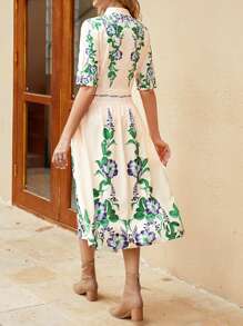 SHEIN VCAY Floral Print A-line Dress - Green - View 2