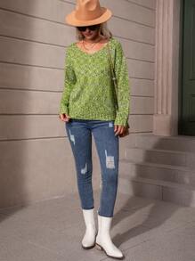 SHEIN LUNE Space Dye Drop Shoulder Sweater - Green - View 3