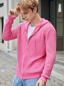 Manfinity VCAY Áo khoác cardigan trùm đầu có dây rút kéo khóa dáng rộng cho nam, dành cho mùa thu đông - Hồng - Xem 1