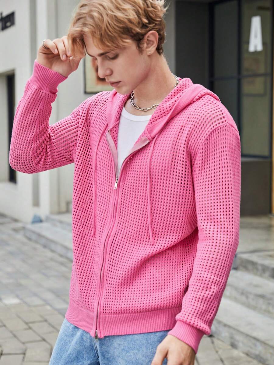 Manfinity VCAY Áo khoác cardigan trùm đầu có dây rút kéo khóa dáng rộng cho nam, dành cho mùa thu đông - Hồng - Xem 1