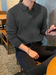 DAZY Men Solid Ribbed Knit Fall Sweater Business Attire - Dark Grey - View 4