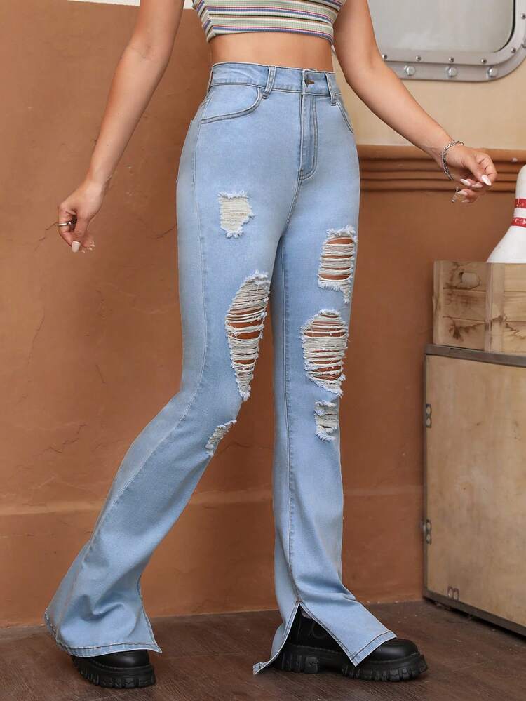 Ripped Split Hem Flare Leg Jeans Without Belt