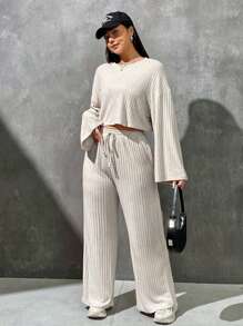 SHEIN EZwear Plus Drop Shoulder Crop Tee & Pants - Khaki - View 3