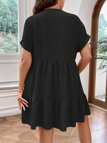 SHEIN Franclia Talla grande Vestido smock de manga murciélago bajo con fruncido - Negro - Ver 2
