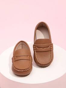 男孩簡約風和復古一腳蹬樂福鞋,舒服的運動PU皮革鞋 - 棕色 - 查看 4