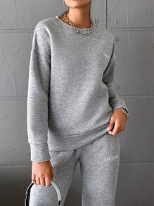 EURMUSE Letter Graphic Drop Shoulder Sweatshirt & Sweatpants - Grey - View 4