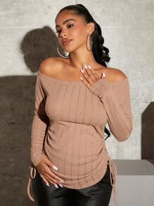MaterniChic Maternity Off Shoulder Drawstring Side Tee With Long Sleeve - Apricot - View 3