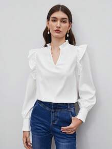 BizChic Notched Neck Ruffle Trim Blouse - White - View 5