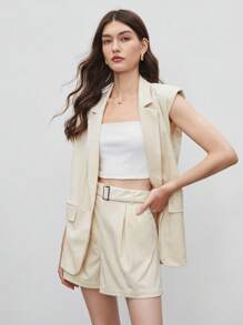 BizChic 1pc Solid Blazer Vest & 1pc Belted Shorts