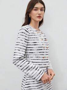 BizChic Striped Print Button Front Jacket & Skirt - Multicolor - View 6