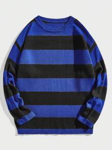 ROMWE MEN Academia 男士條紋兩色撞色下肩毛衣 - 藍色 - 查看 1