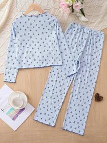 女大童碎花木耳邊T恤和褲子睡衣套裝 - 藍色 - 查看 2