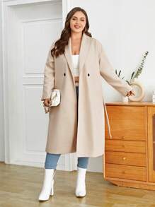 SHEIN Privé Plus Shawl Collar Belted Overcoat - Beige - View 1