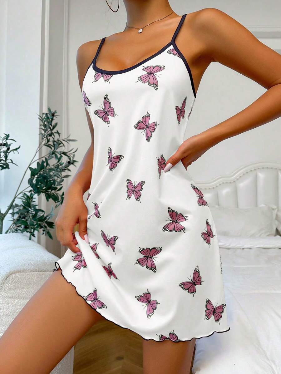 SHEIN Camisón de pijama de tirantes con estampado de mariposa, dobladillo de lechuga y ribete de contraste - Multicolor - Ver 1