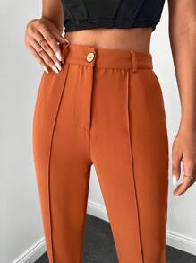 EURMUSE Solid Slant Pocket Cropped Suit Pants Without Belt - Rust Brown - View 3