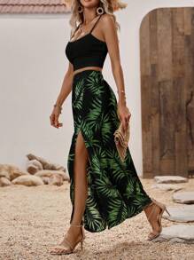 Breezaya Chất rắn Cami ngọn & Bản in nhiệt đới Tách đùi Váy - màu đen - Xem 6