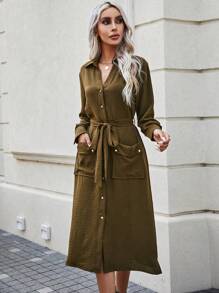 SHEIN LUNE Solid Button Front Belted Shirt Dress - Army Green - View 5