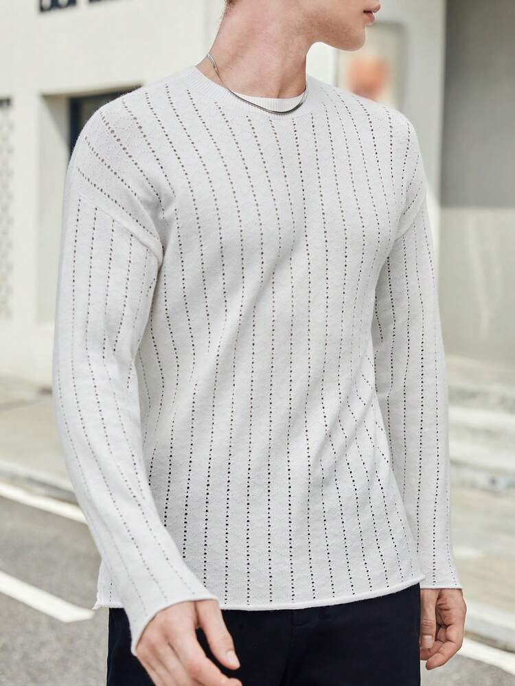 Men Solid Pointelle Knit Sweater, For Fall Winter