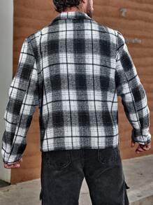 Manfinity Homme Men's Loose Fit Plaid Print Zip Up Overcoat - Black and White - View 2