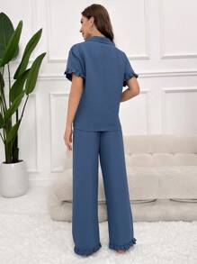 Conjunto de pijama con cuello de solapa y ribete de volantes - Neblina azul - Ver 2