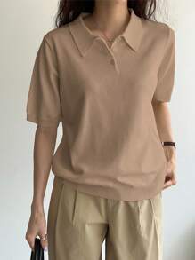 DAZY 纯色 Polo 领针织上衣，返校服装 - 駝色 - 查看 3