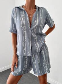 RueChic Graphic Print Shirt & Shorts - Grey - View 1