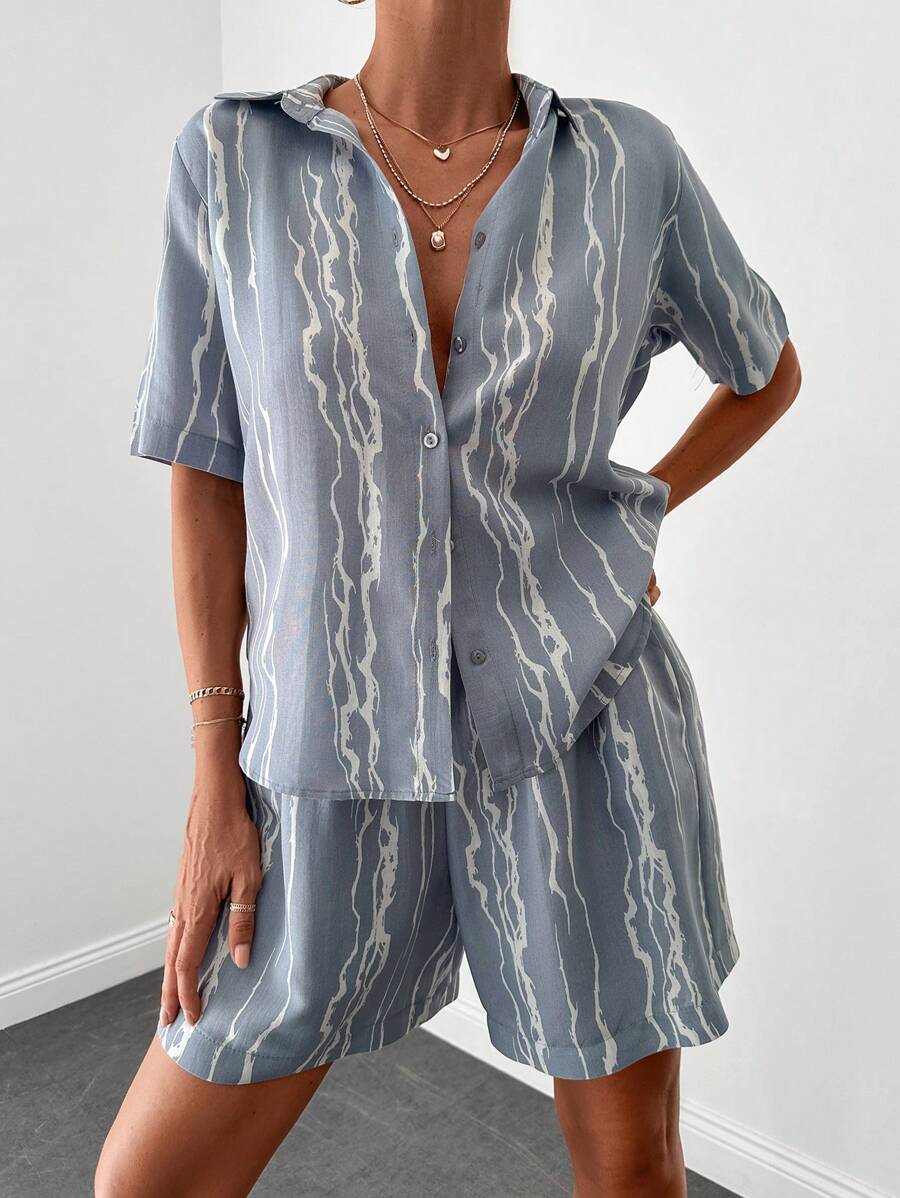 RueChic Graphic Print Shirt & Shorts - Grey - View 1