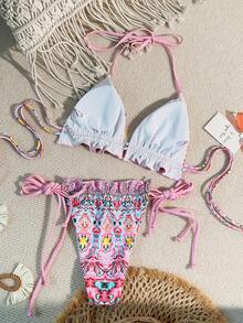 地圖印花露背三角泳衣套裝，可系腰帶款式 - 淺粉色 - 查看 6