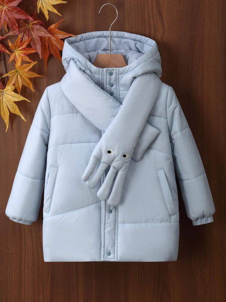 Young Boy Solid Hooded Padded Coat With Scarf