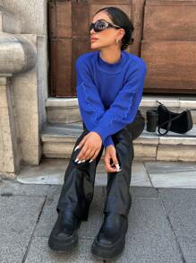 EURMUSE 小高領落肩袖短款毛衣 - 藍色 - 查看 4