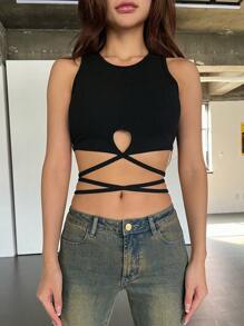 DAZY 交叉後綁帶短款背心 - 黑色 - 查看 5