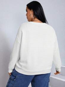 SHEIN EZwear 大碼字母圖案落肩運動衫 - 白色 - 查看 2