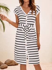 SHEIN Essnce Striped Print Batwing Sleeve Belted Dress - Black and White - View 3
