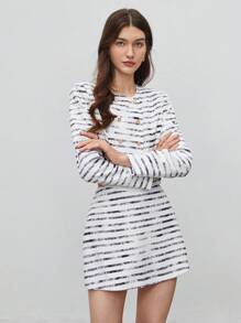 BizChic Striped Print Button Front Jacket & Skirt - Multicolor - View 1