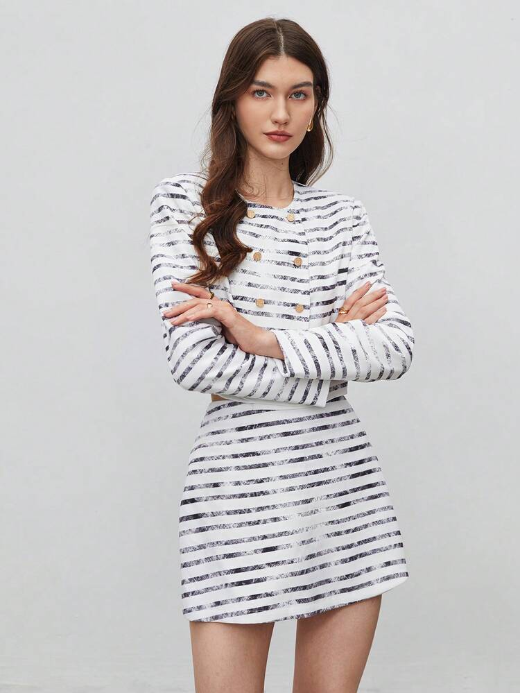 Striped Print Button Front Jacket & Skirt