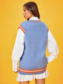 SHEIN Qutie Striped Trim Sweater Vest Without Blouse - Blue - View 2