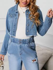 SHEIN Maternity Flap Detail Raw Hem Denim Jacket - Light Wash - View 3