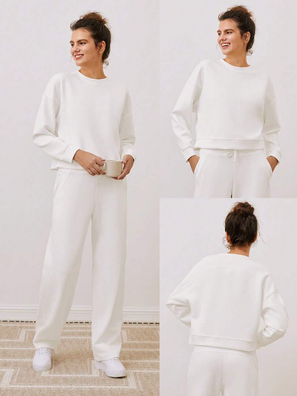 Modal Silky Smooth Loose Drop Shoulder Crew Neck Side Slits Sweatshirt With Thumbholes Daily Casual Fall