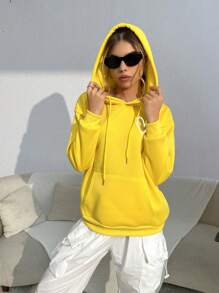 SHEIN EZwear In Trái tim Túi kangaroo Thả vai Dây rút Hoodie - Màu vàng - Xem 3