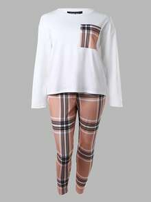 Plaid Print Pocket Patched Tee & Pants - Khaki - View 3