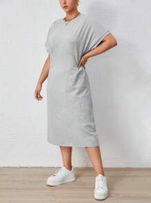 SHEIN Essnce Plus Solid Batwing Sleeve Tee Dress - Light Grey - View 3