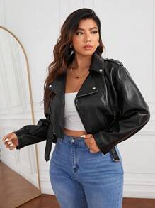 SHEIN Essnce Plus Zip Up PU Leather Moto Jacket Winter Fall Autumn - Black - View 4