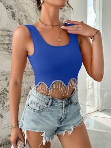 SHEIN Essnce Rhinestone Fringe Trim Tank Top - Royal Blue - View 6