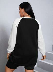 SHEIN EZwear 大碼字母圖案插肩袖運動衫 - 黑色 - 查看 4